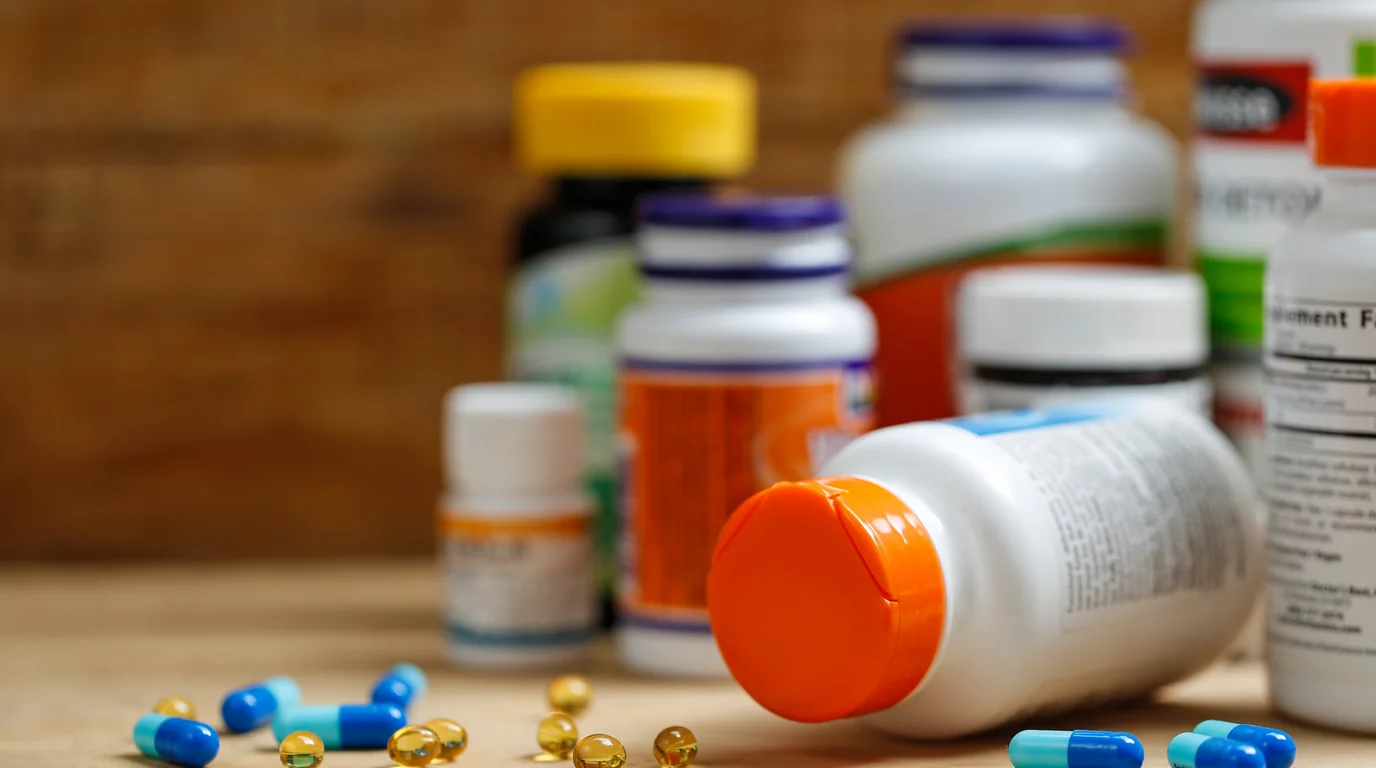 Multiple bottles of vitamins and dietary supplements neatly arranged on a table