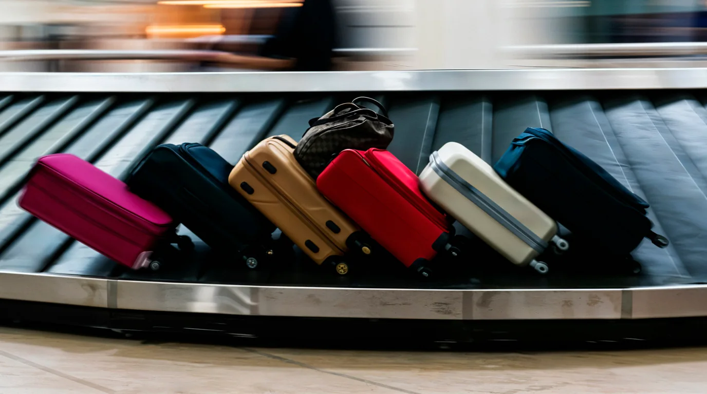 Busy modern airport baggage claim terminal with baggage carousel and luggage