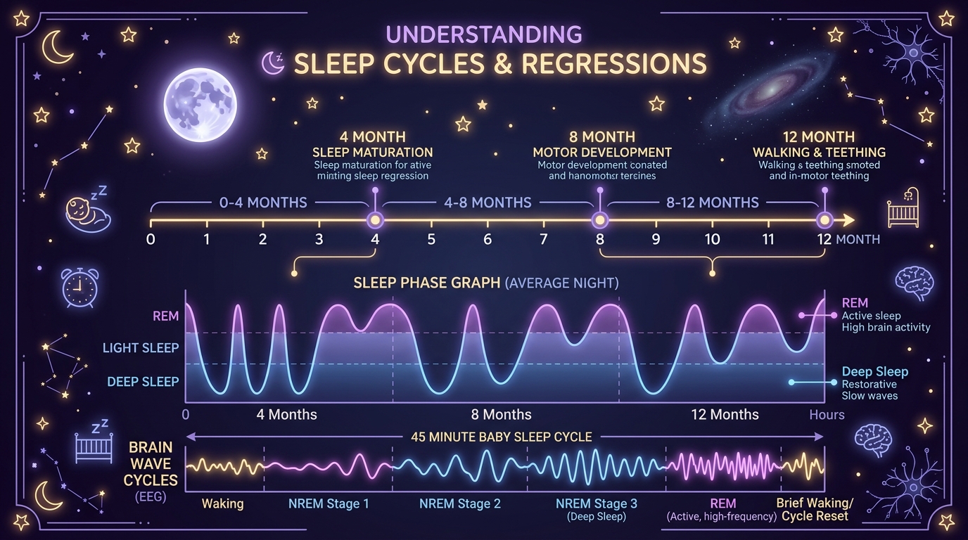 Baby Sleep Regressions at 4, 8, and 12 Months: Sleep Cycles, Wake Windows, and Sound Science
