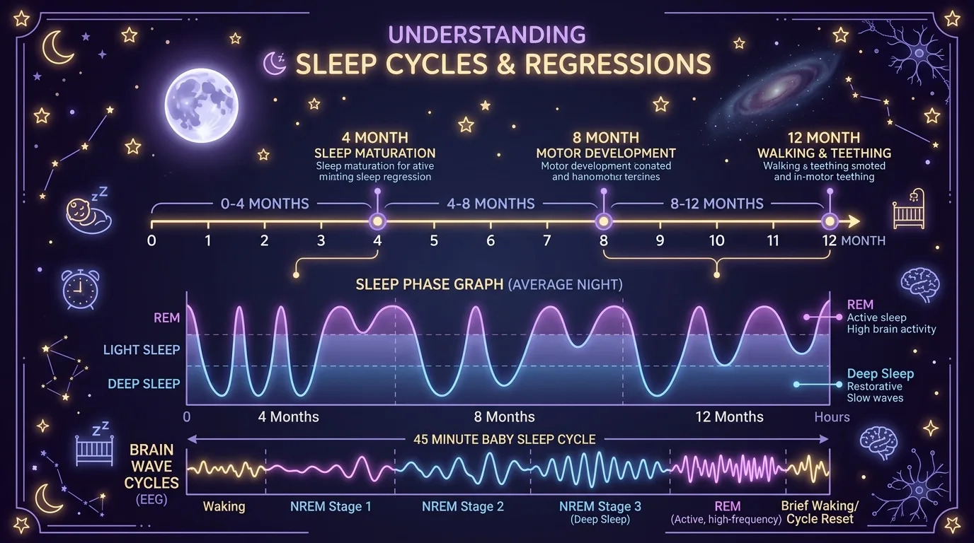 Baby Sleep Regressions at 4, 8, and 12 Months: Sleep Cycles, Wake Windows, and Sound Science