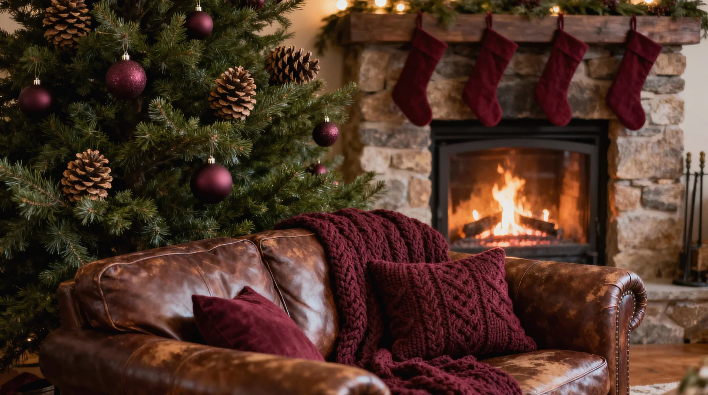 Gemütliches Urlaubswohnzimmer mit leuchtendem Weihnachtsbaum und Kamin