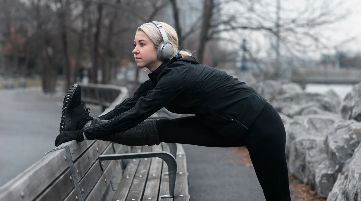 Athletic person training outdoors in cold morning air with intense focus