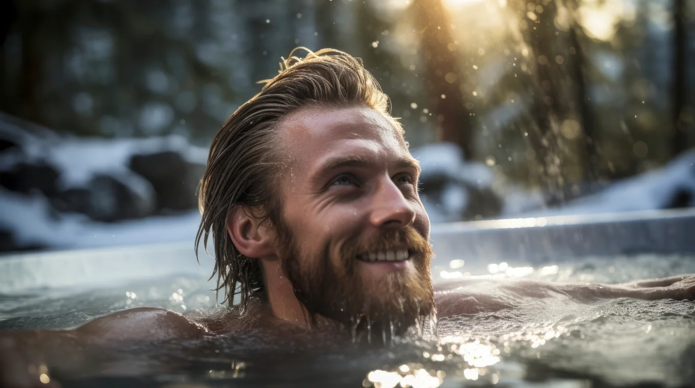 Outdoor wooden ice bath plunge tub with crystal clear cold water