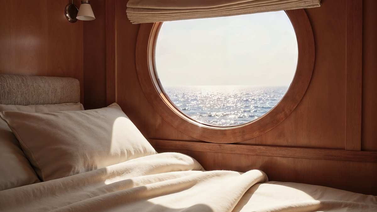Luxury cruise ship stateroom bedroom cabin with ocean view under privacy inspection