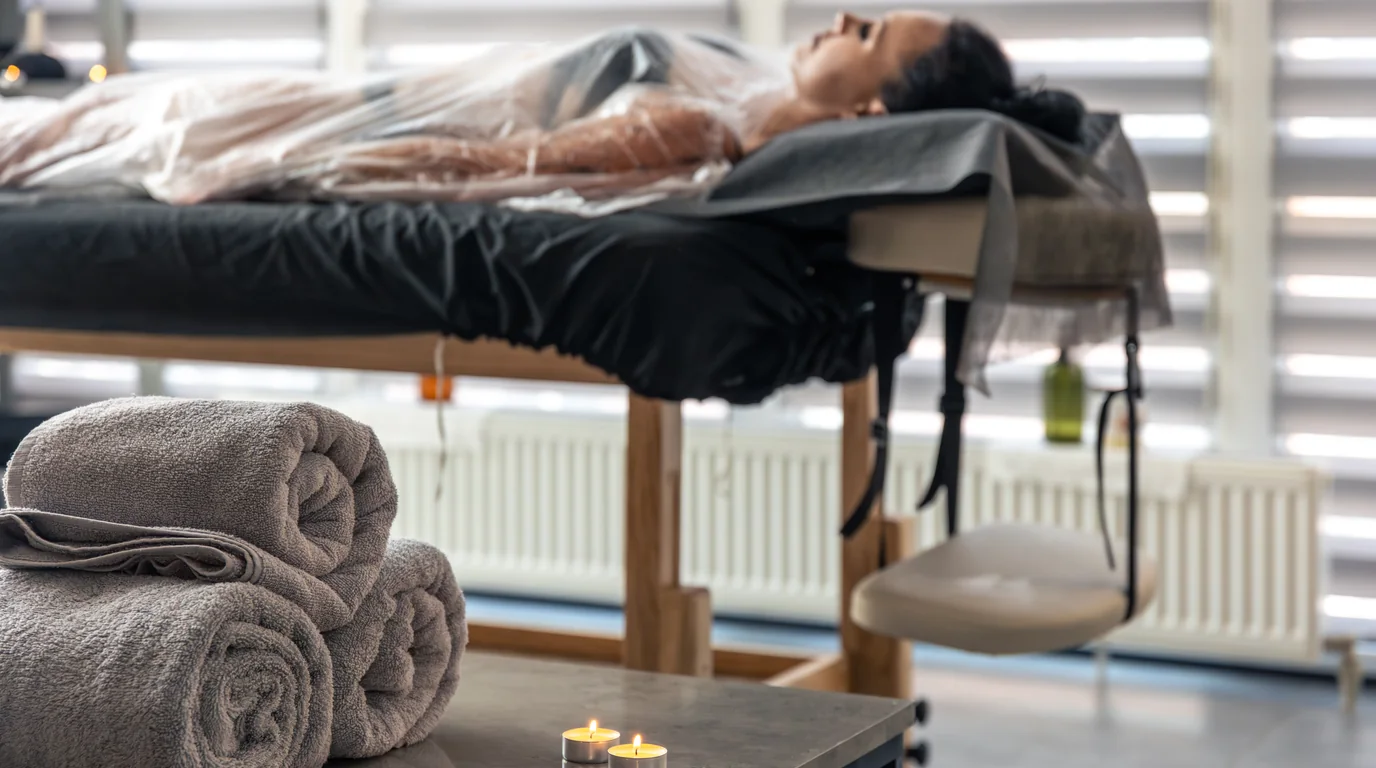 Ruhiger Day-Spa-Behandlungsraum mit Massagetisch und sauberen Handtüchern