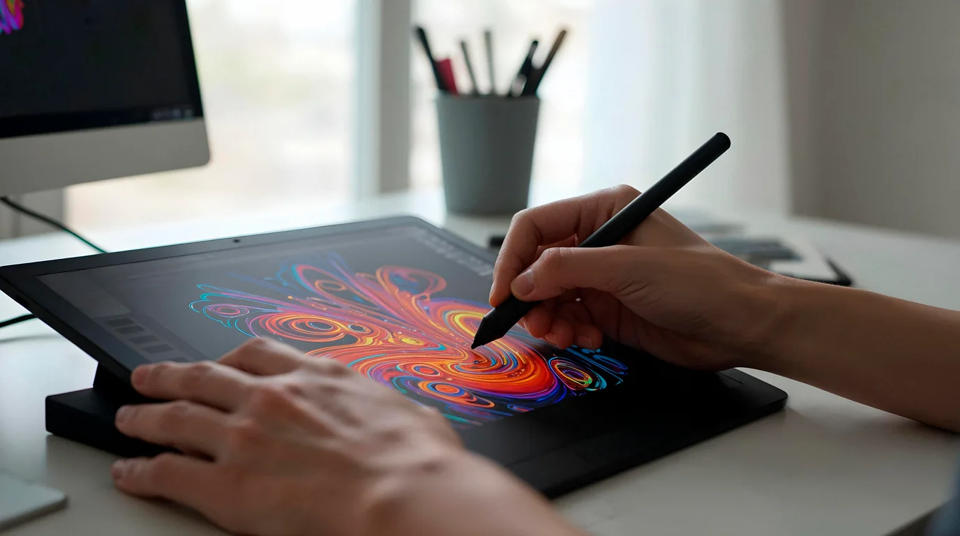 Creative digital artist desk with active stylus pen and graphics tablet