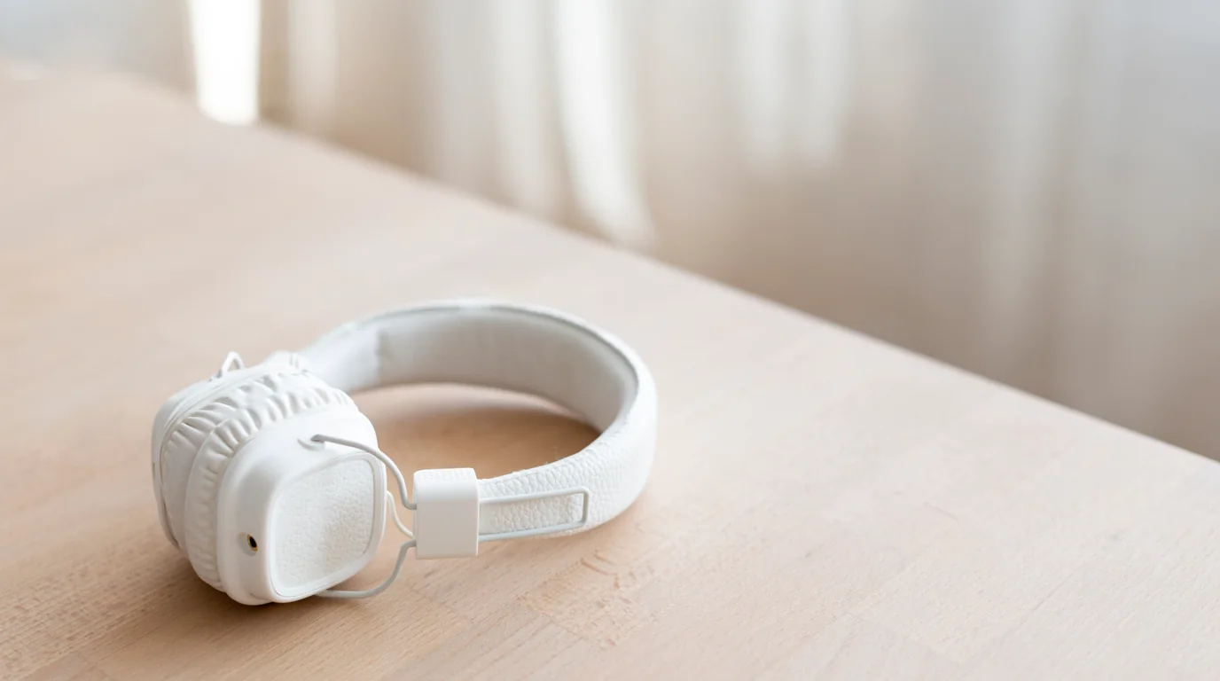 Close-up of a single sleek wireless earbud on a modern wooden surface