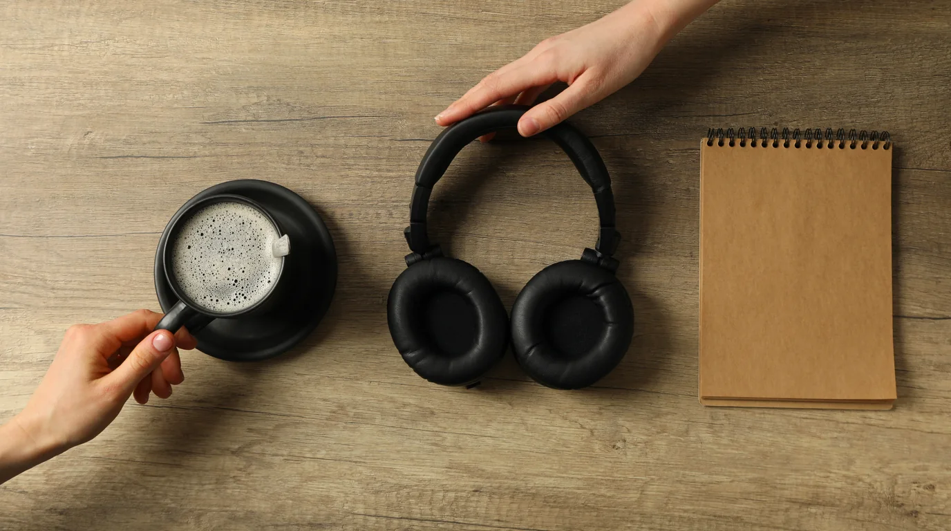 Premium wireless over-ear noise-cancelling headphones on a sleek desk setup