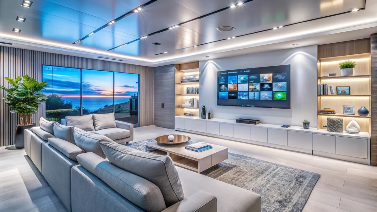 High-end luxury smart home living room with integrated ambient lighting and automation