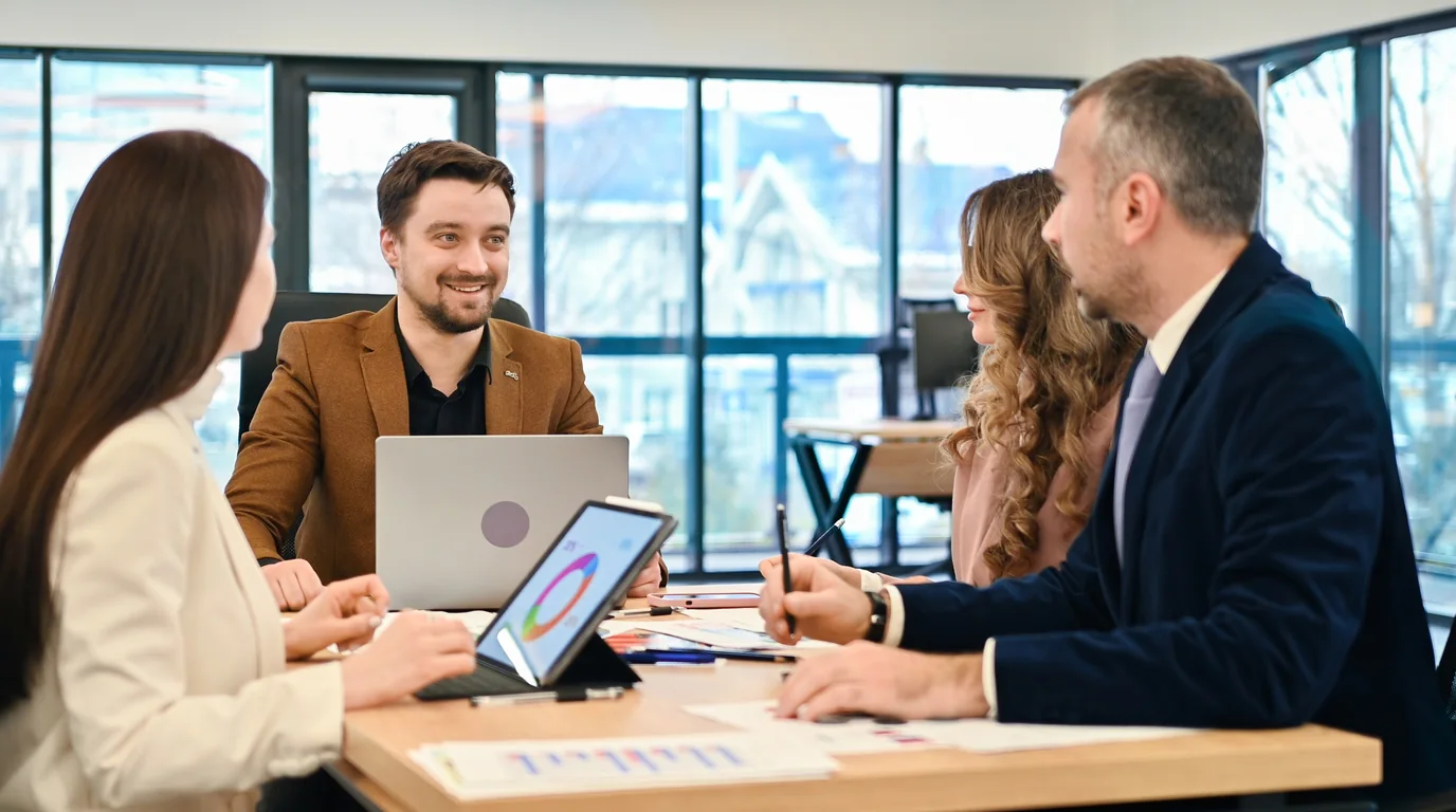 Business team gathered around a modern conference table during a strategic meeting with an audio recorder