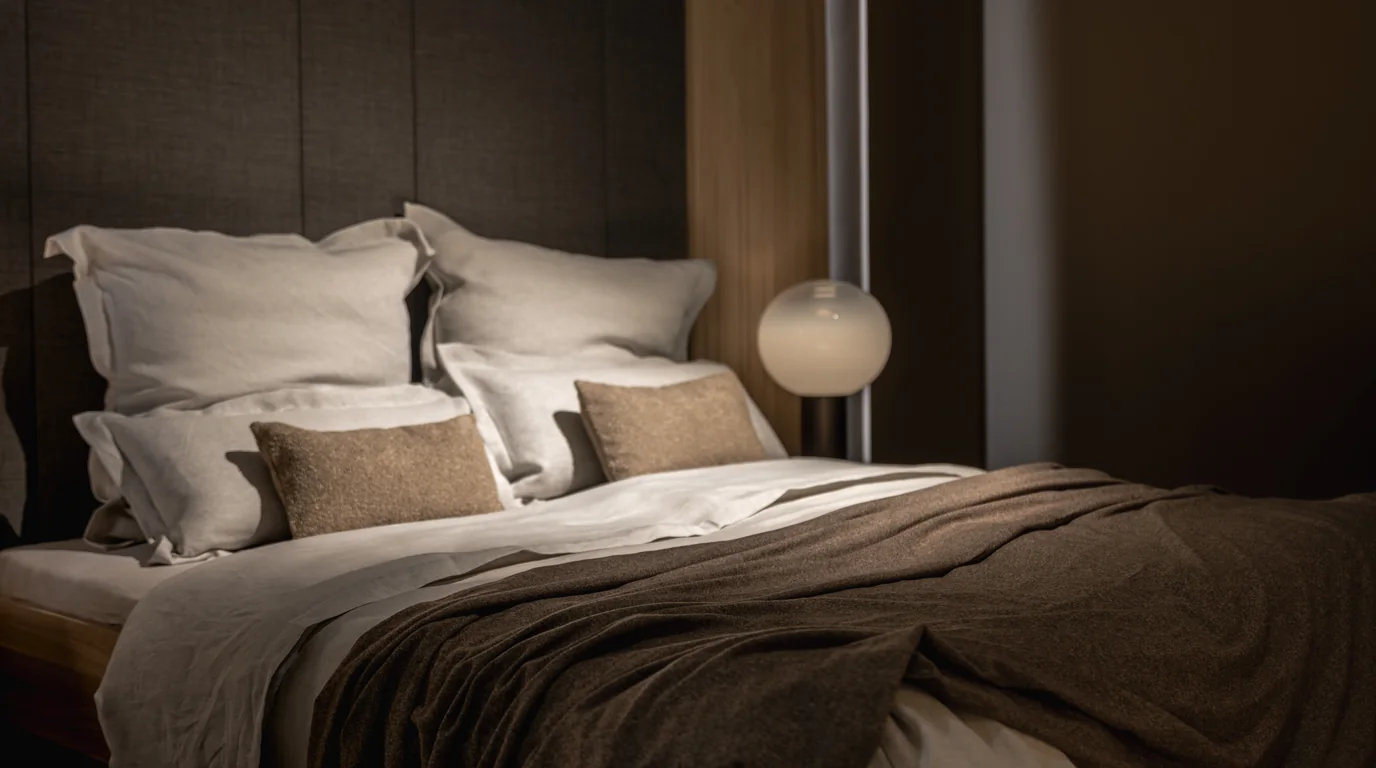 Dormitorio privado con mesita de noche de madera y acogedor mobiliario interior