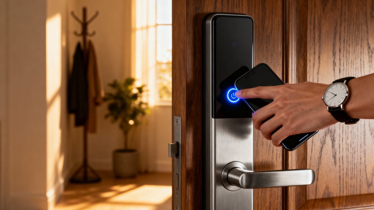 Close-up inspection of modern hotel room door peephole lens and digital smart lock mechanism