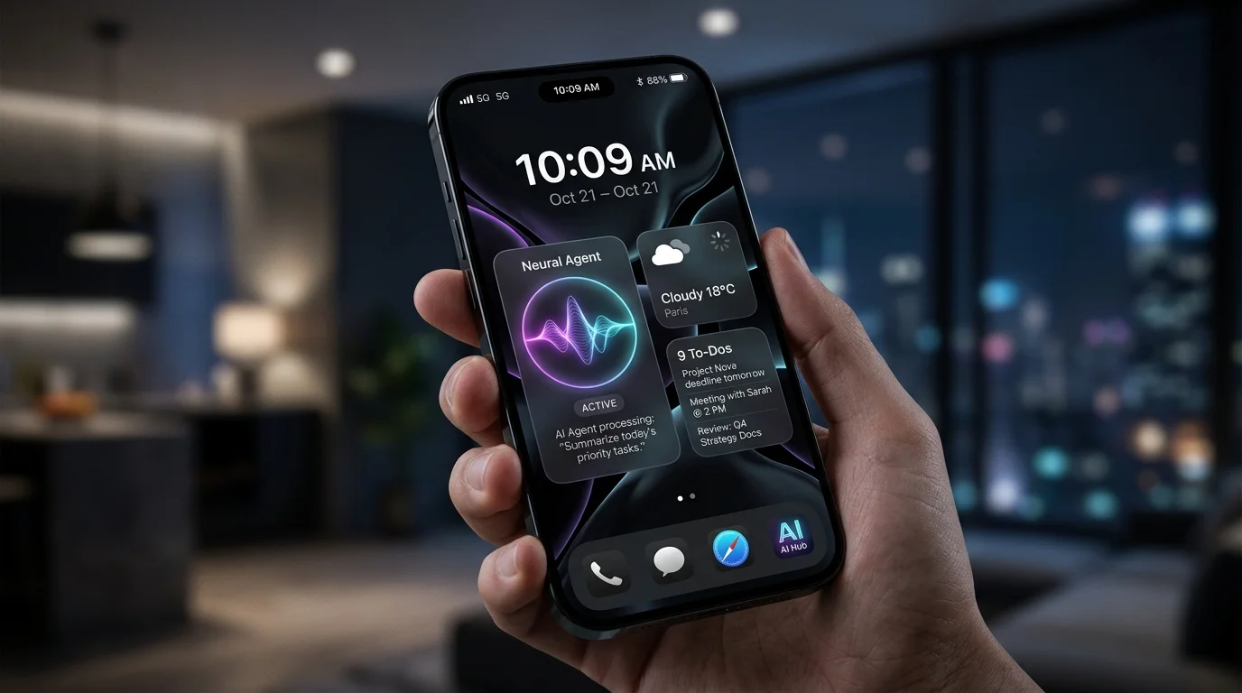 Futuristic iPhone running iOS 20 with glowing on-device neural agent interface and dark glassmorphism widgets