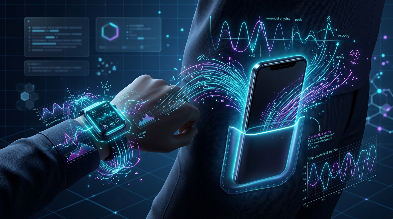 Holographic illustration of smartphone in pocket and smartwatch tracking step cadence waveforms