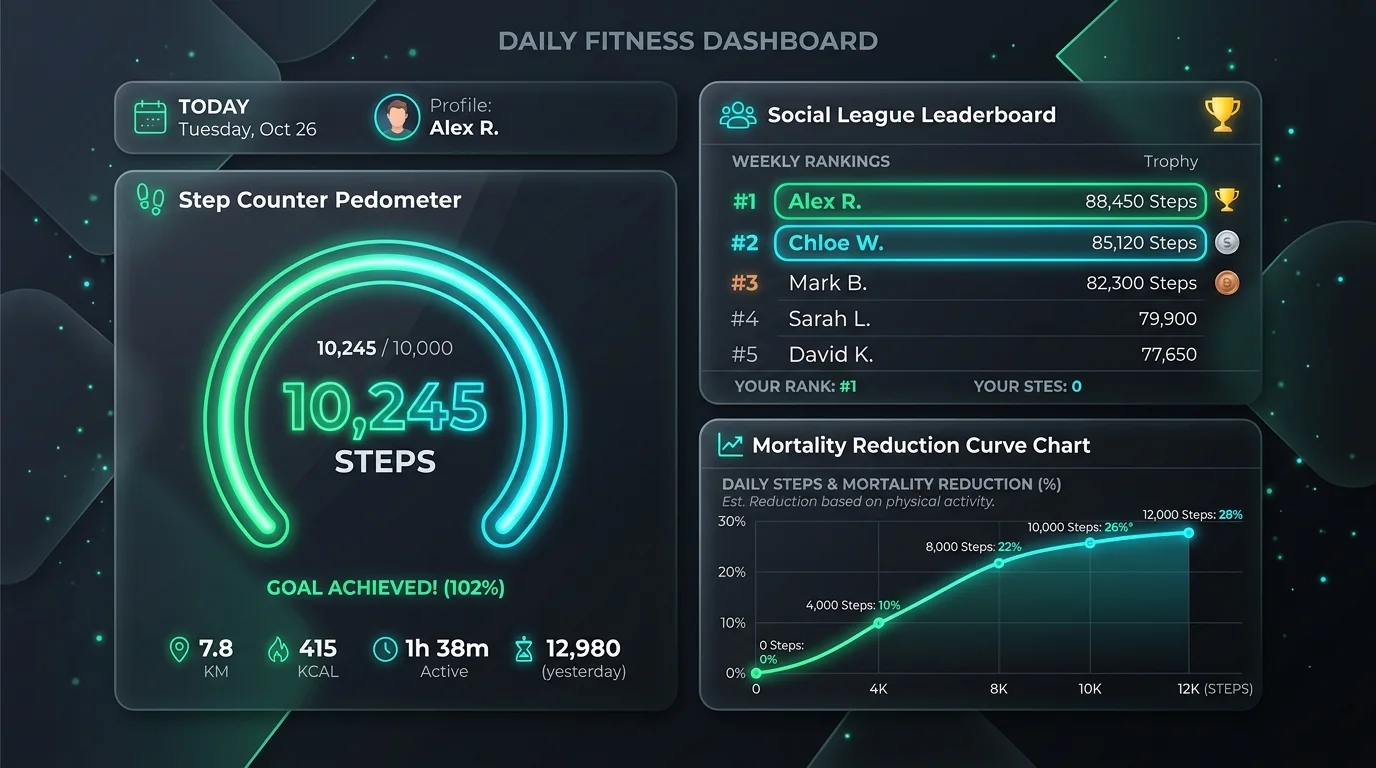 Daily Fitness Dashboard Step Counter and Social League Leaderboard